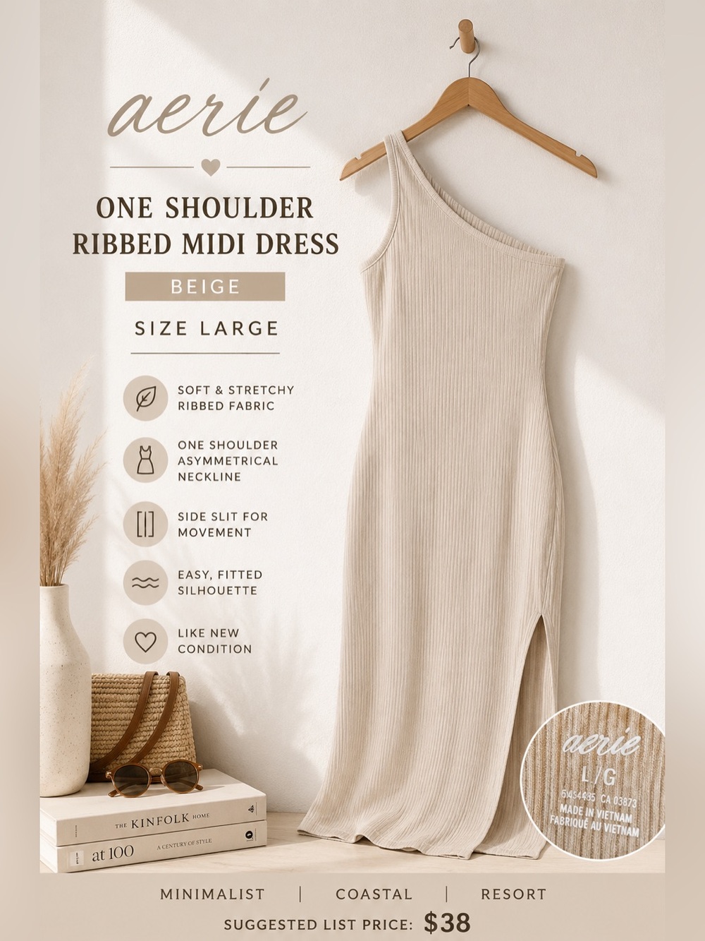 Aerie One Shoulder Ribbed Midi Dress Beige Size Large